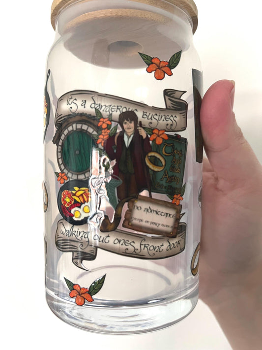 Hobbit lord of the rings themed glass cup 16oz tumbler for iced coffee fizzy drinks