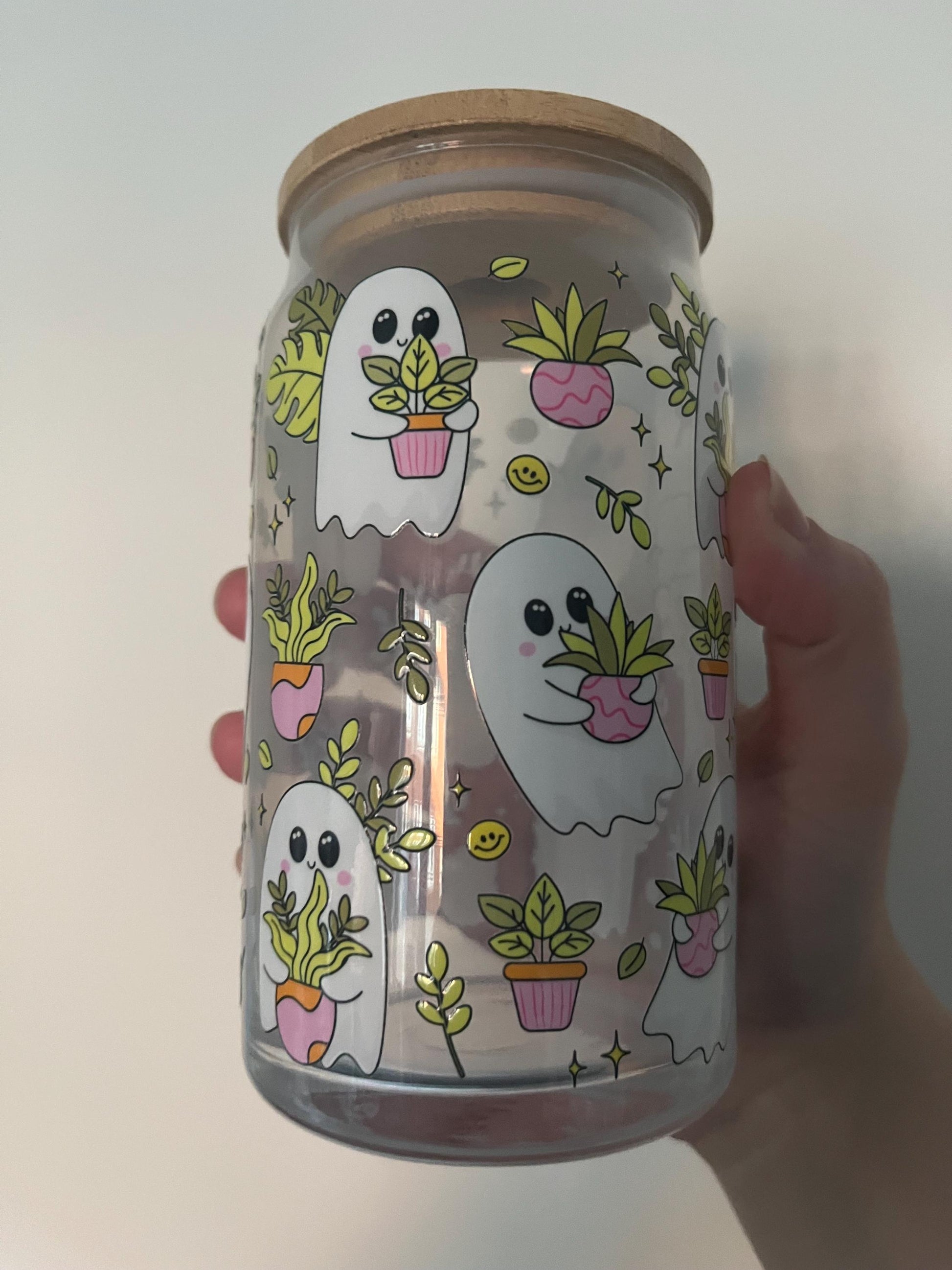 160z glass can with spooky sheet ghosts and plants