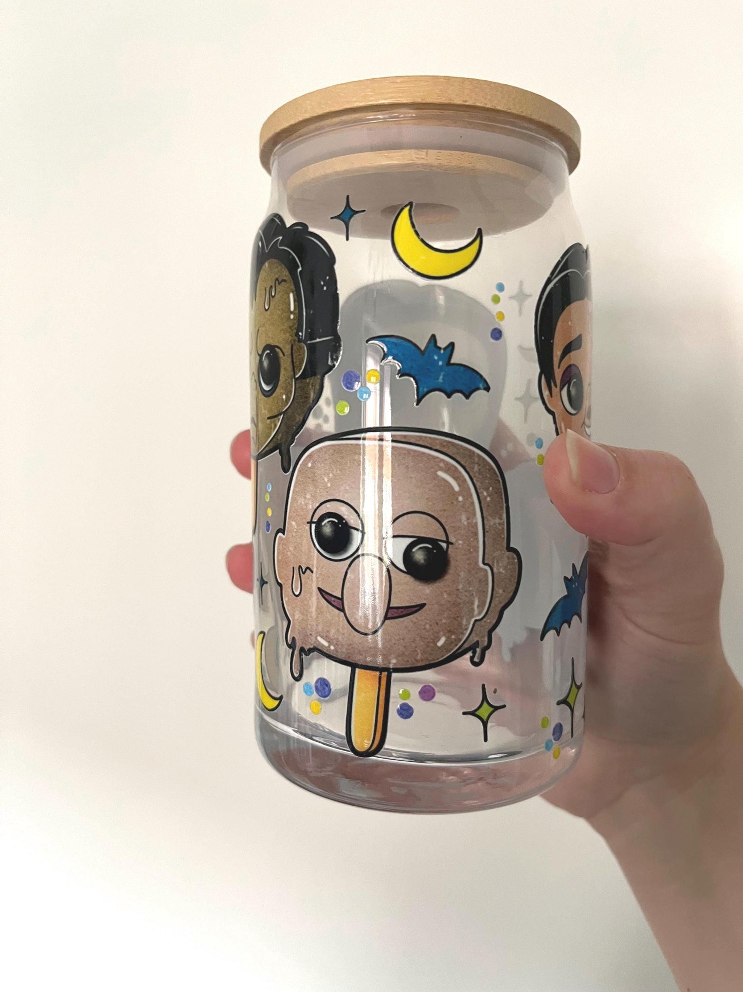 Addams family Wednesday themed glass with lid 16oz, Gomez and mortica