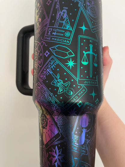 close-up of laser-engraved tarot design on tumbler