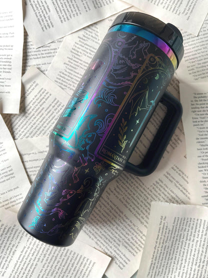 Rainbow holographic laser book design on black 40oz tumbler with handle
