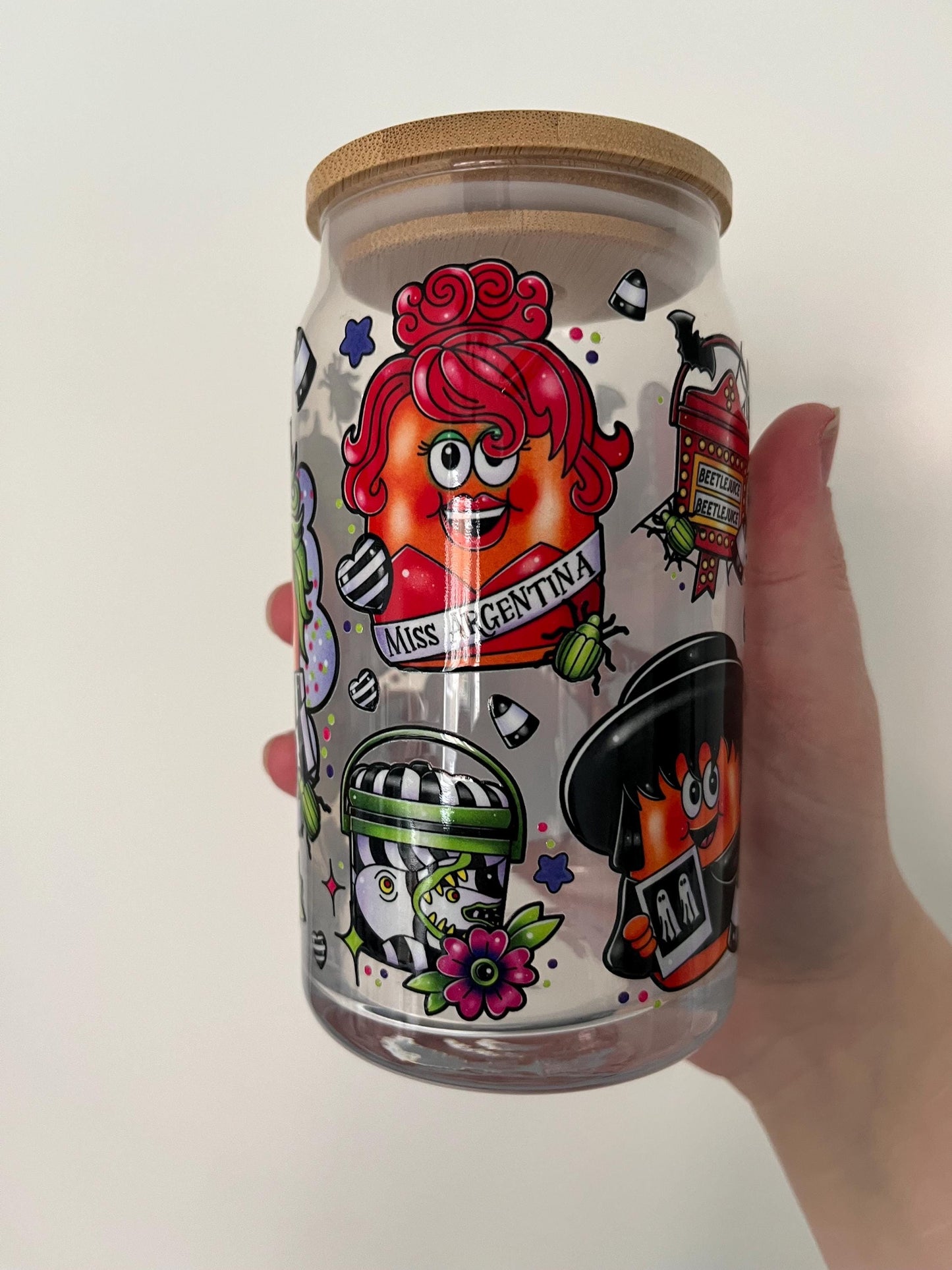 Beetlejuice themed glass with lid 16oz, Lydia deetz