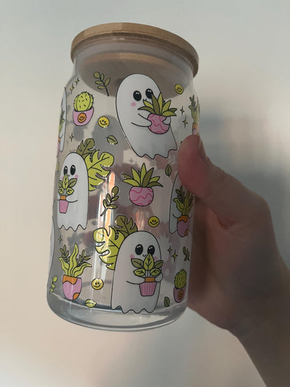160z glass can with spooky sheet ghosts and plants