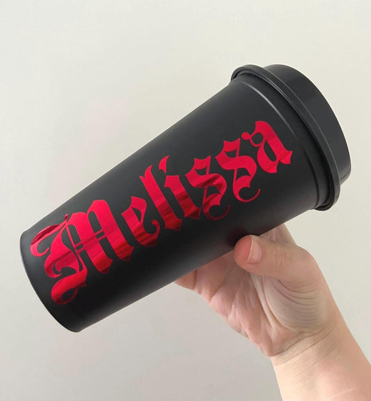 Personalized Gothic Travel Mug: 16oz Custom Name Hot Beverage Cup