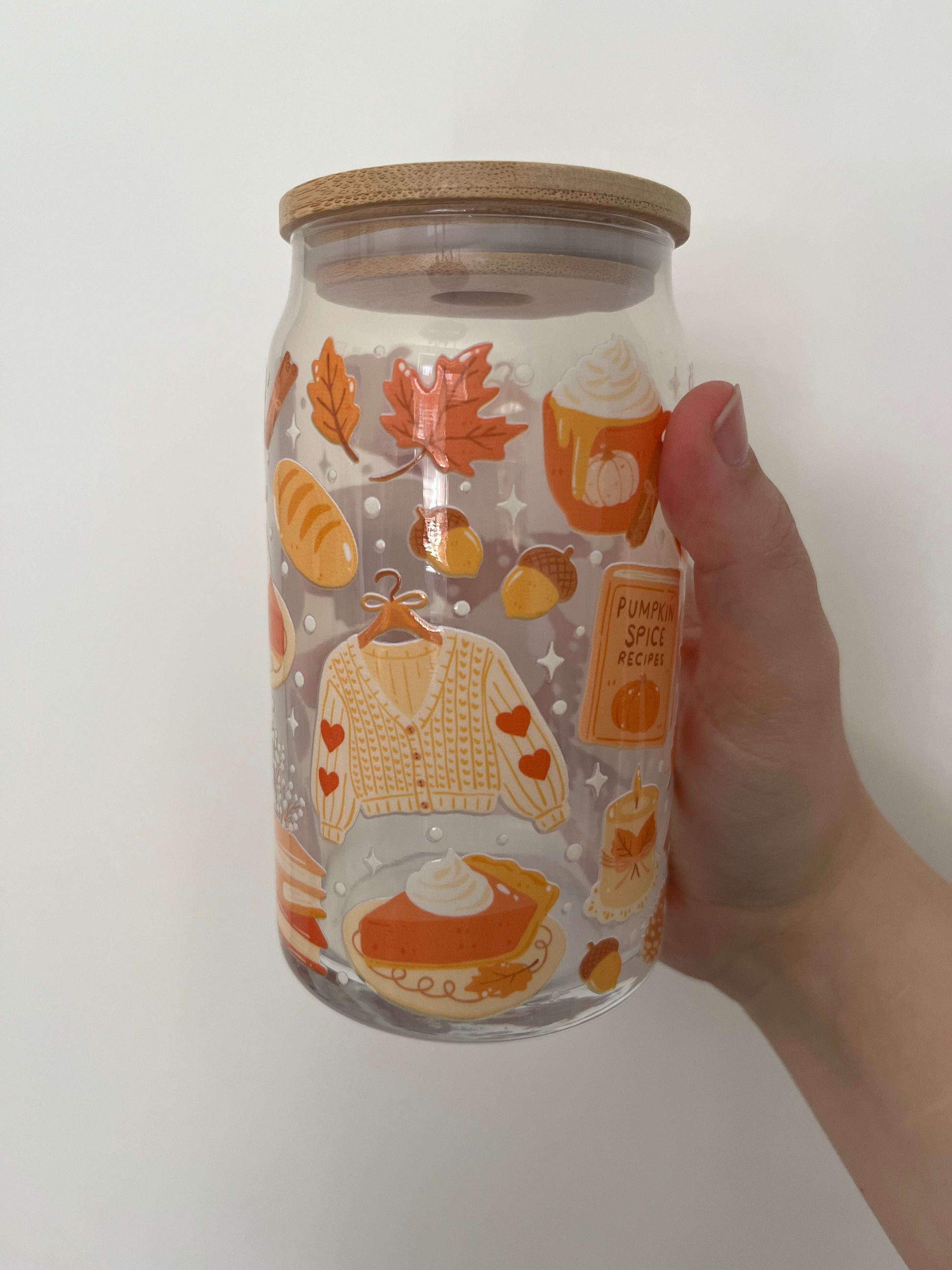 autumn themed 16oz glass can pumpkin spice vibes autumnal colours