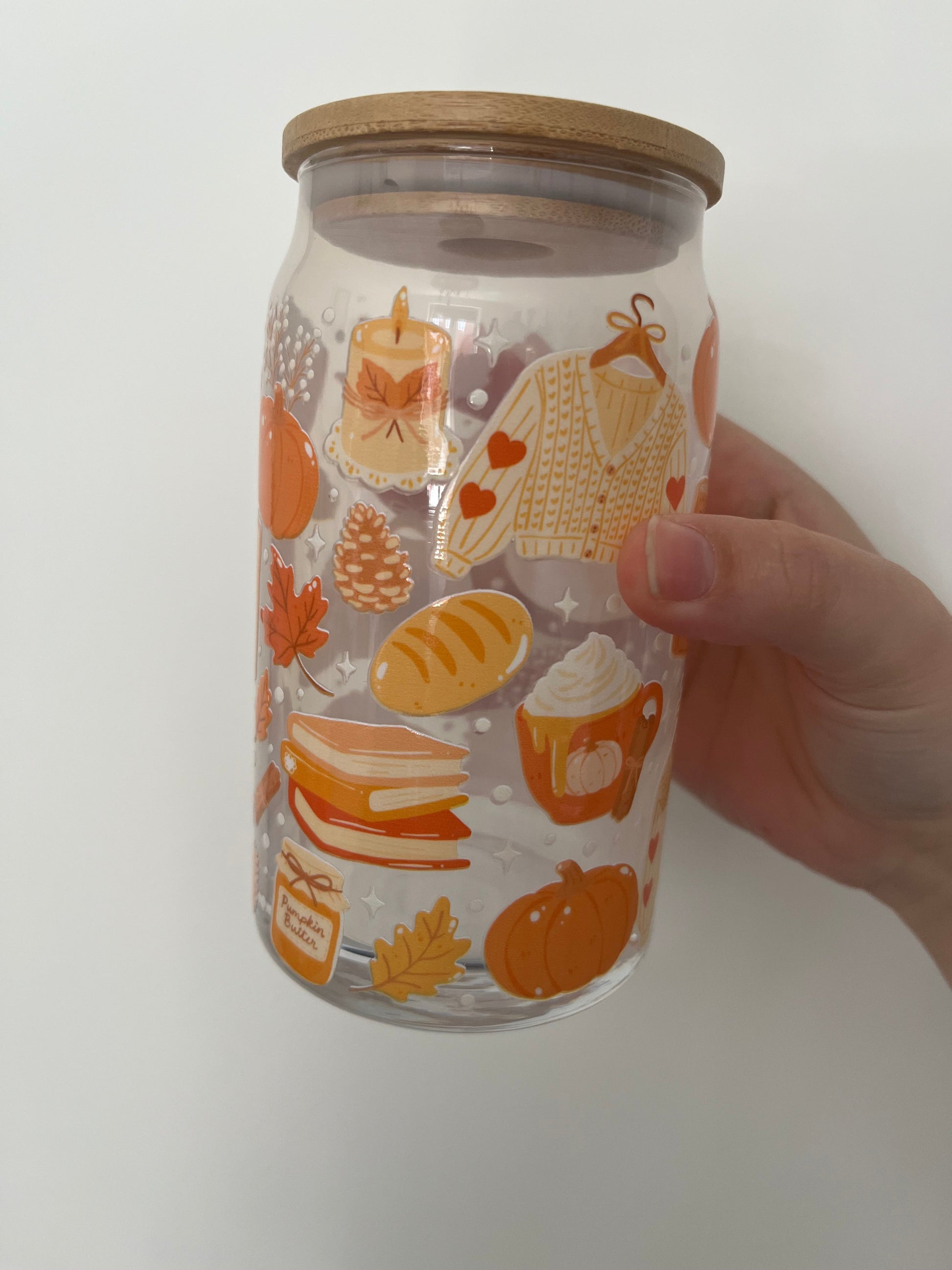 autumn themed 16oz glass can pumpkin spice vibes autumnal colours