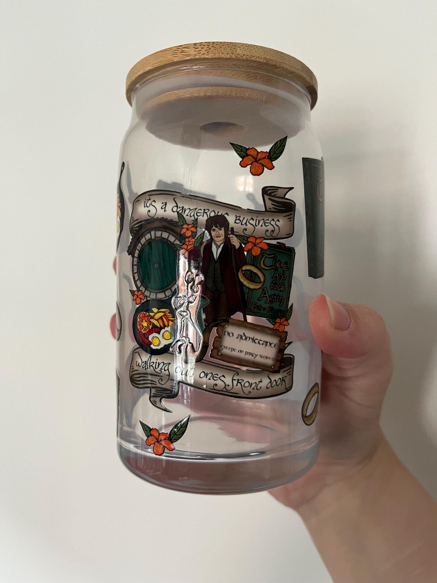 Hobbit lord of the rings themed glass cup 16oz tumbler for iced coffee fizzy drinks