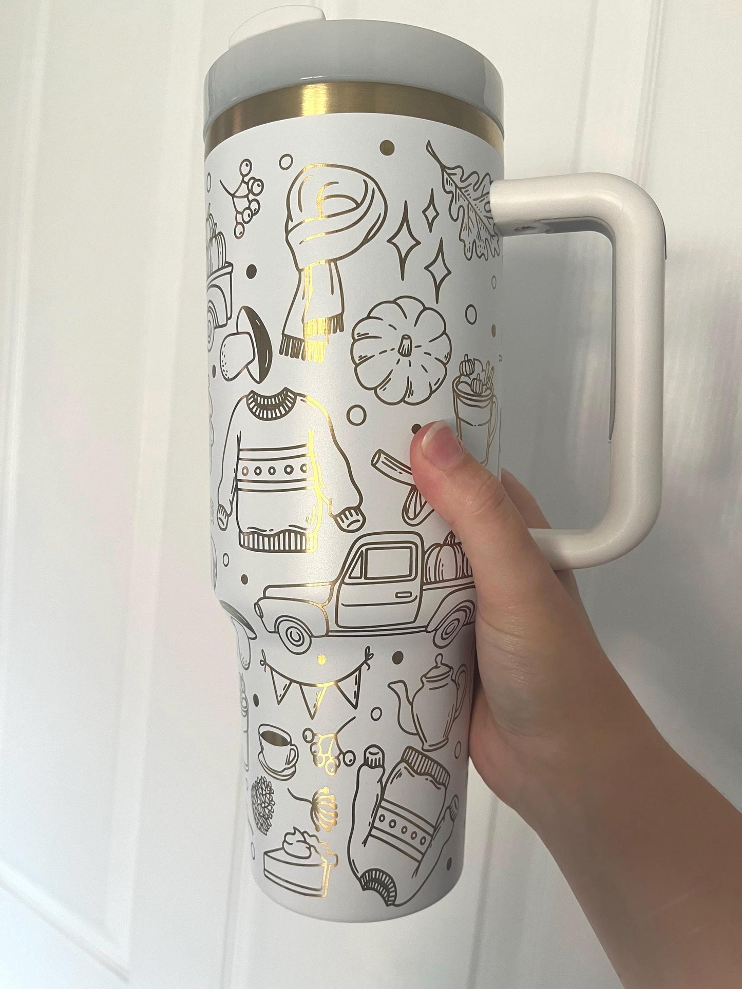Laser-Engraved Autumn Pumpkin Doodles Tumbler: 40 oz Cozy Travel Mug