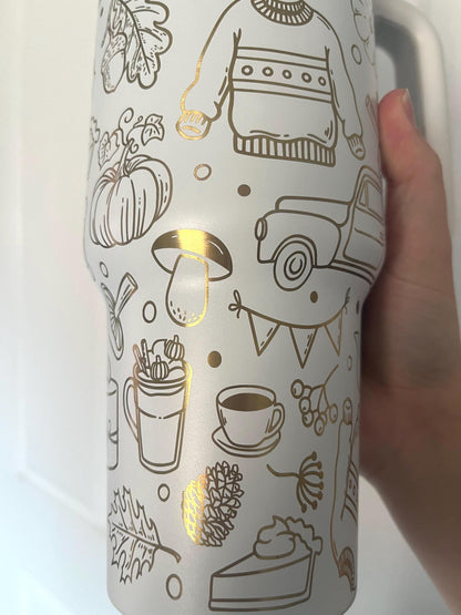 Laser-Engraved Autumn Pumpkin Doodles Tumbler: 40 oz Cozy Travel Mug