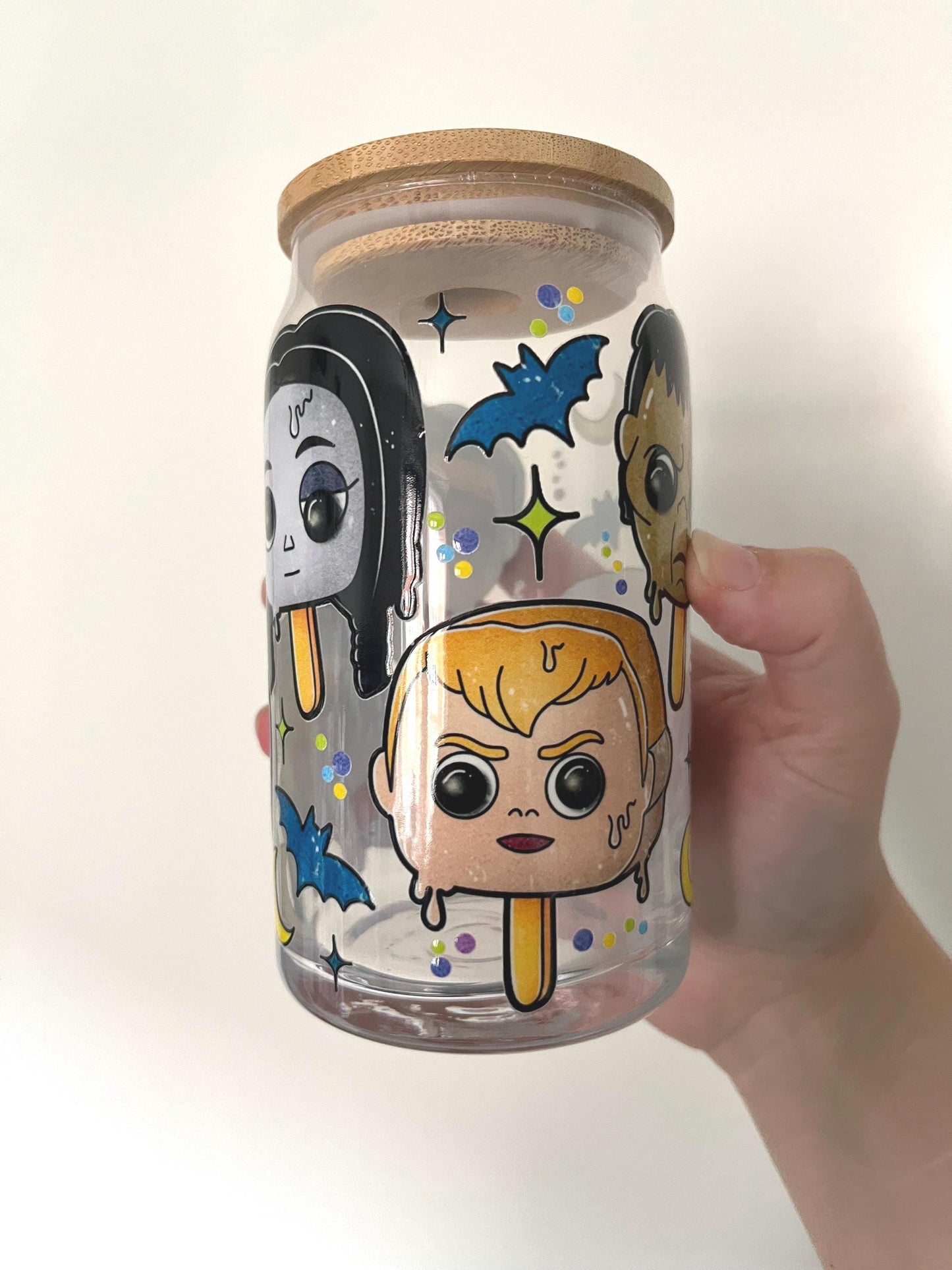 Addams family Wednesday themed glass with lid 16oz, Gomez and mortica