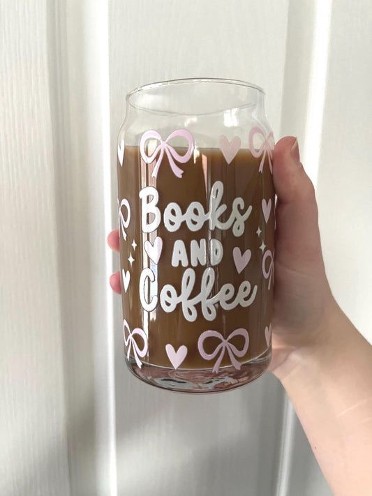 Books and Coffee Glass Tumbler with Lid & Straw