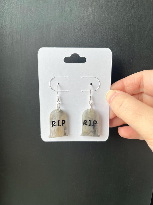 Tombstone acrylic earrings, gravestone earrings, rip costume jewellery