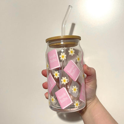 Book babe iced coffee glass - 16oz glass tumbler with lid for book lovers