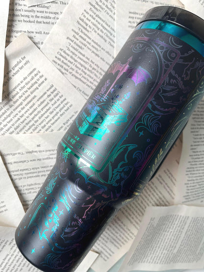 Travel gym tumbler with laser engraved fantasy theme