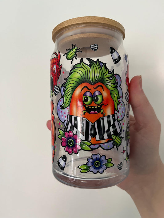Beetlejuice themed glass with lid 16oz, Lydia deetz