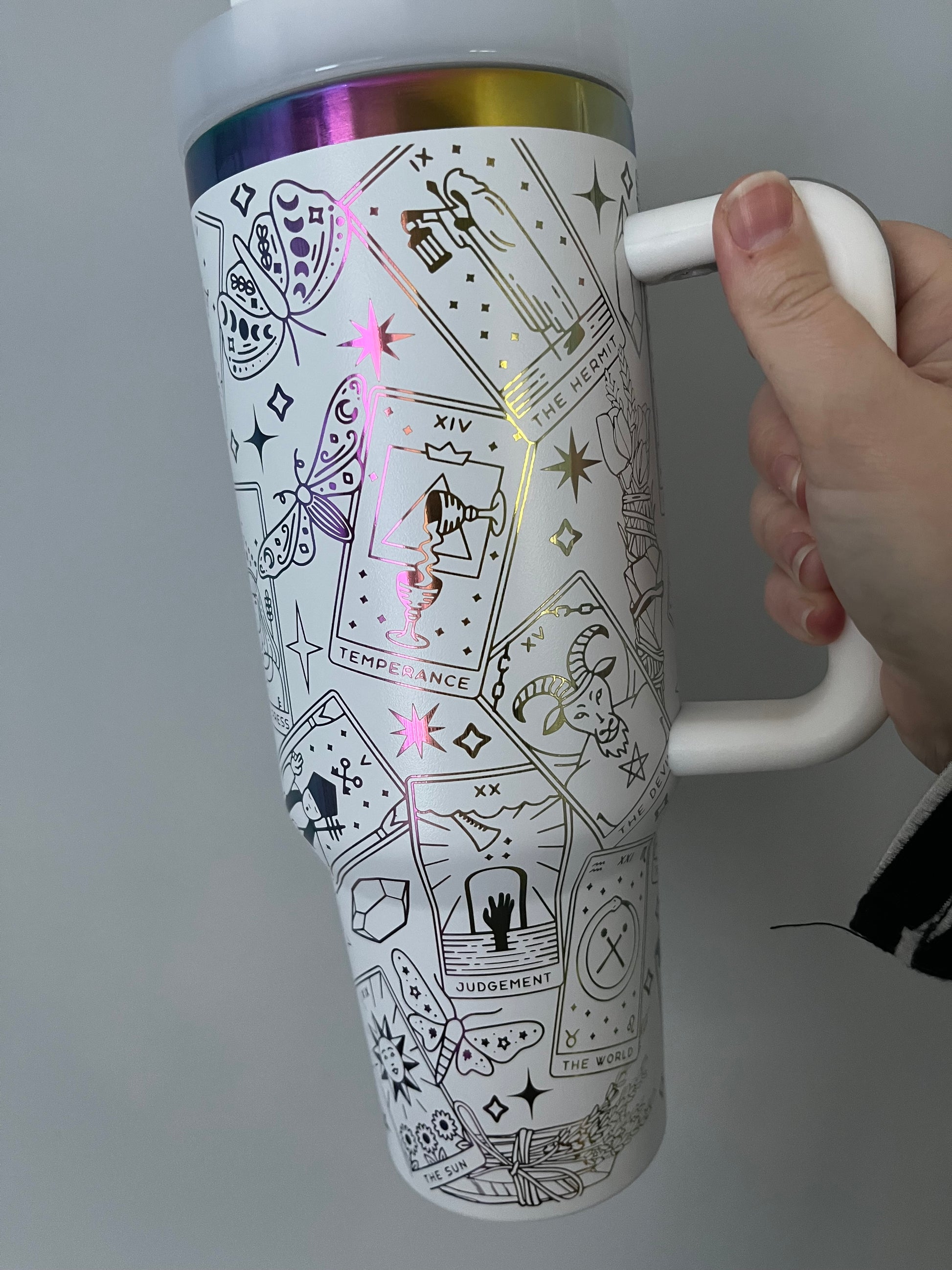 White and rainbow 40oz tumbler with tarot card deck design