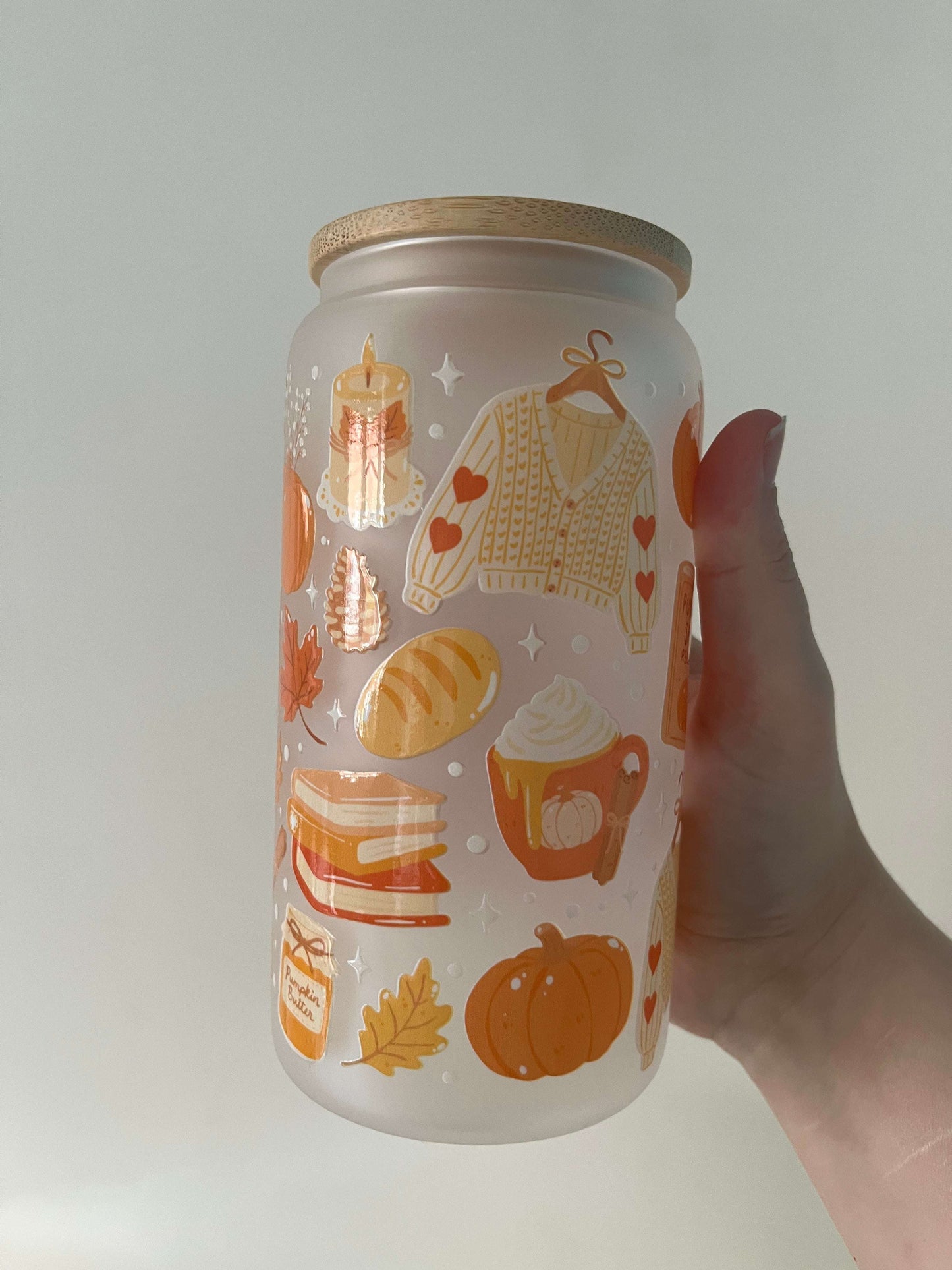 autumn themed 16oz glass can pumpkin spice vibes autumnal colours