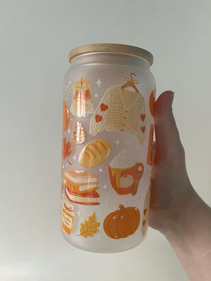 autumn themed 16oz glass can pumpkin spice vibes autumnal colours