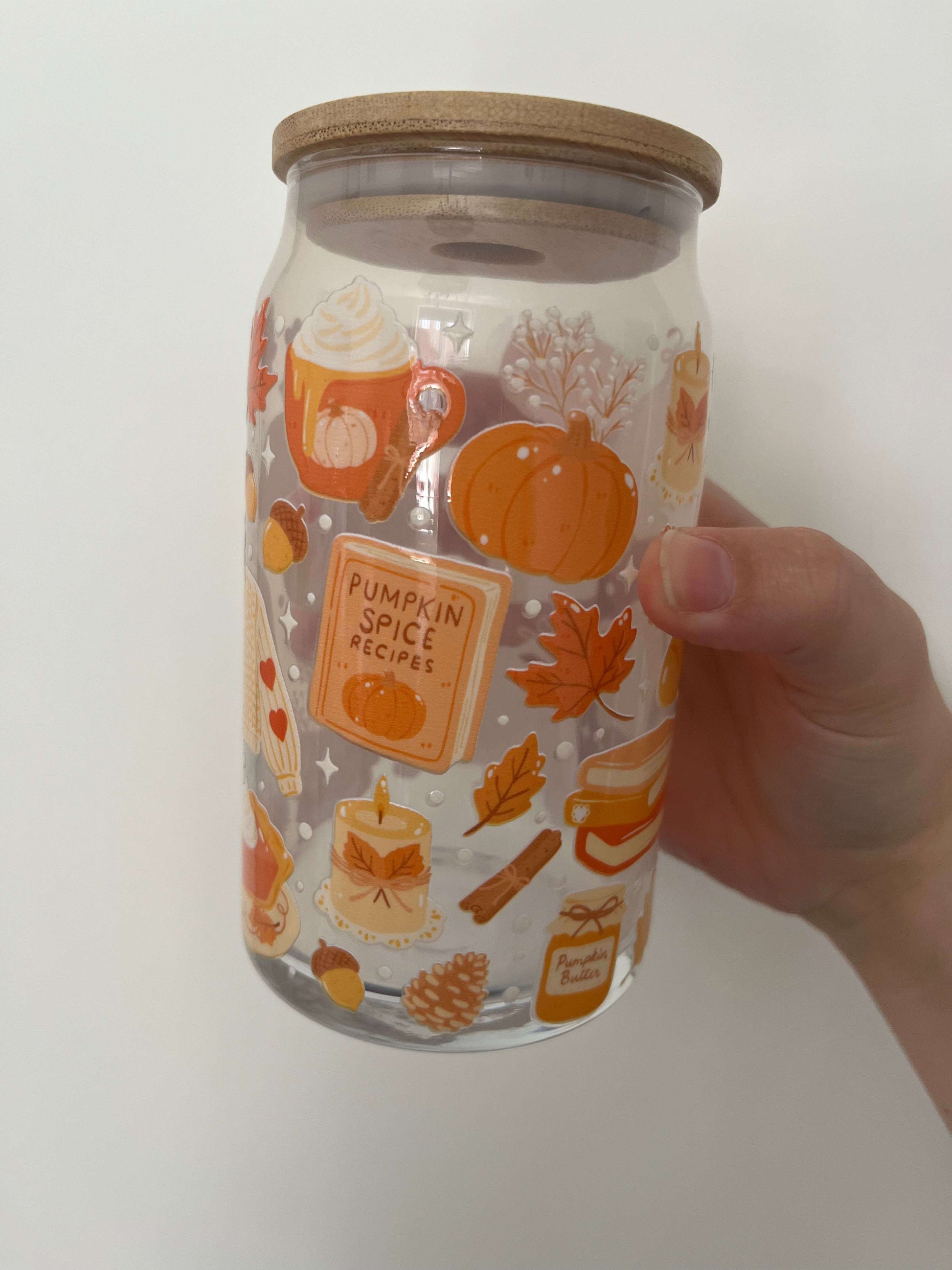 autumn themed 16oz glass can pumpkin spice vibes autumnal colours