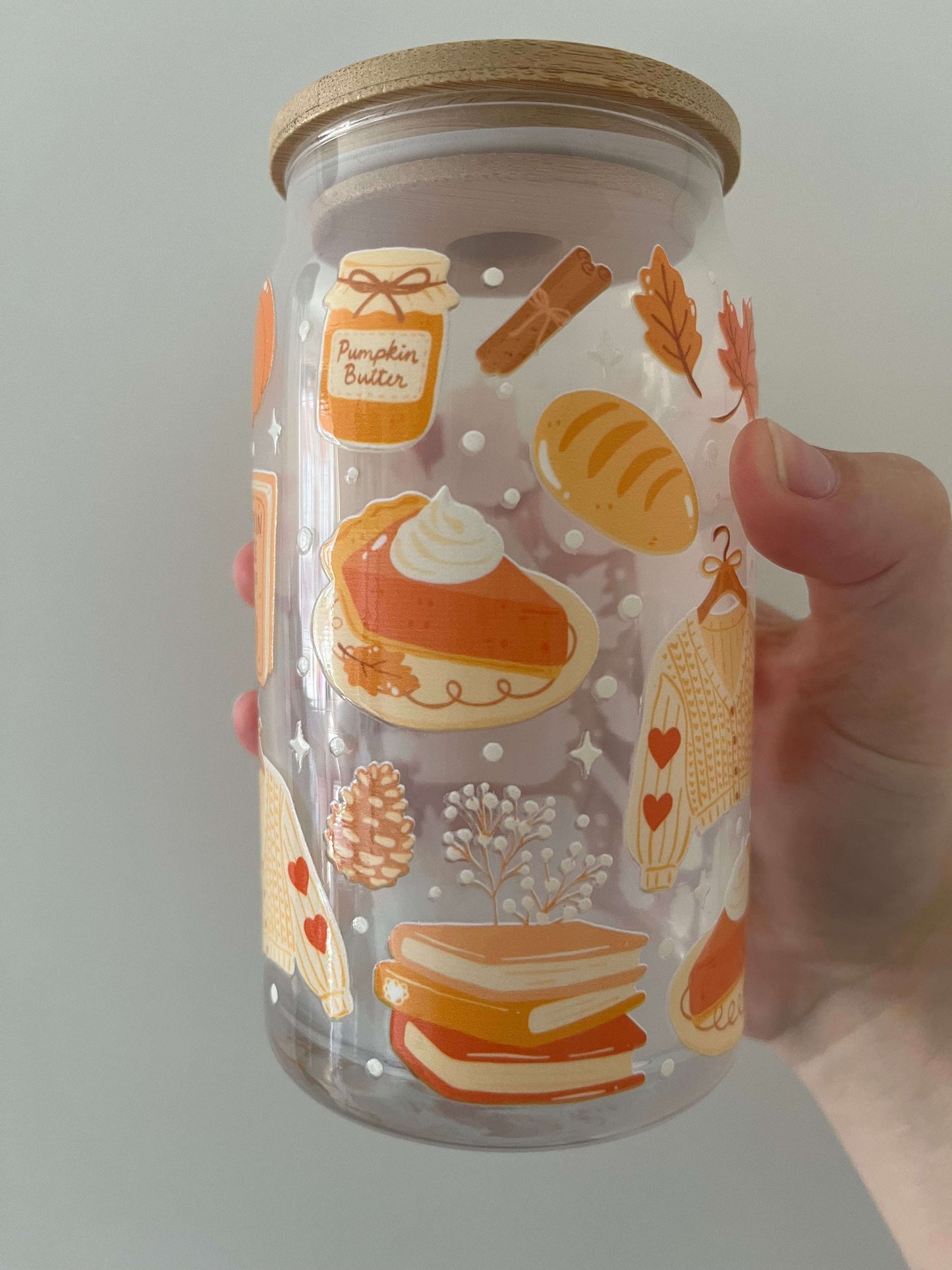 autumn themed 16oz glass can pumpkin spice vibes autumnal colours